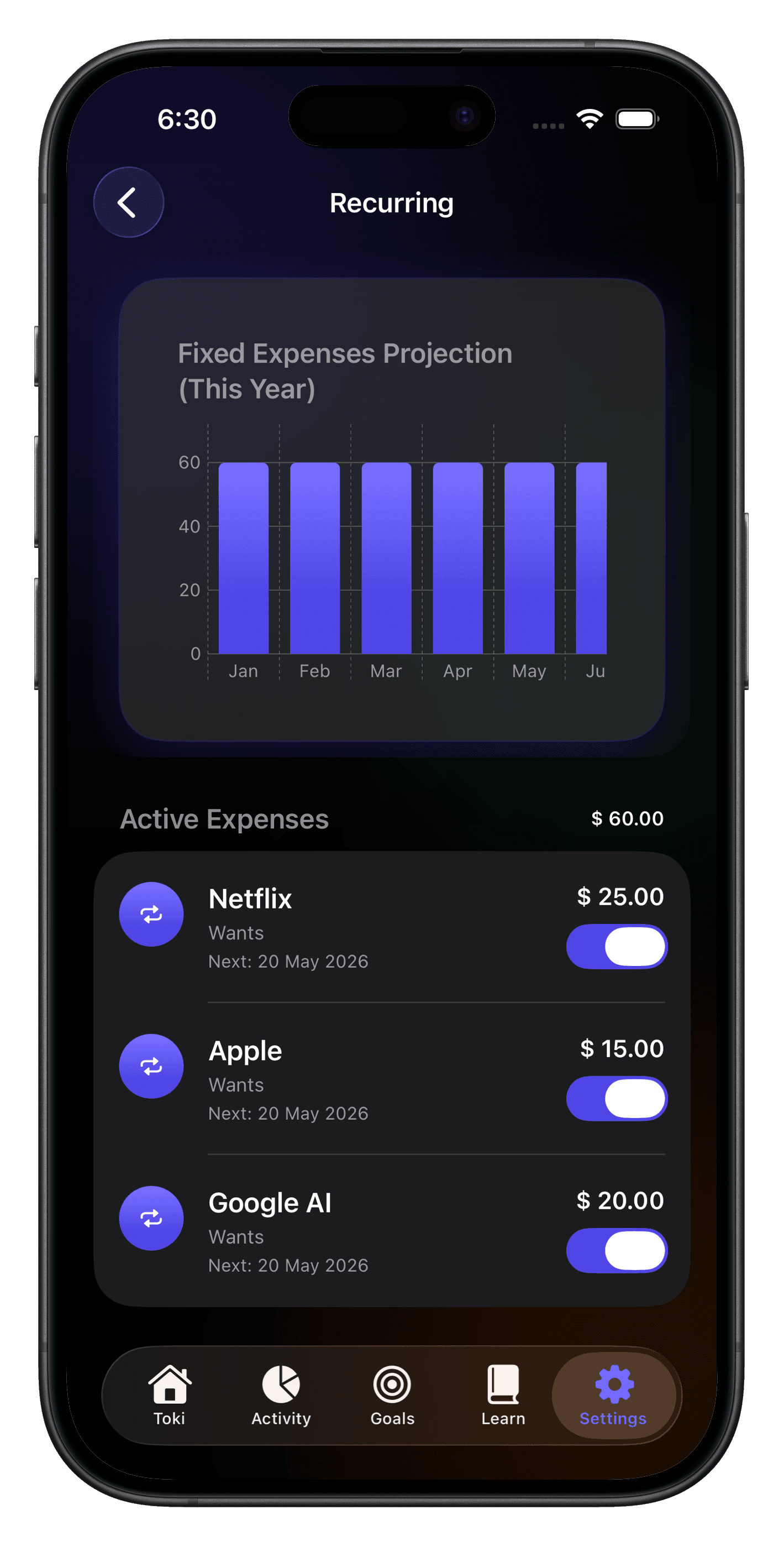 Toki subscription management and recurring expenses dashboard