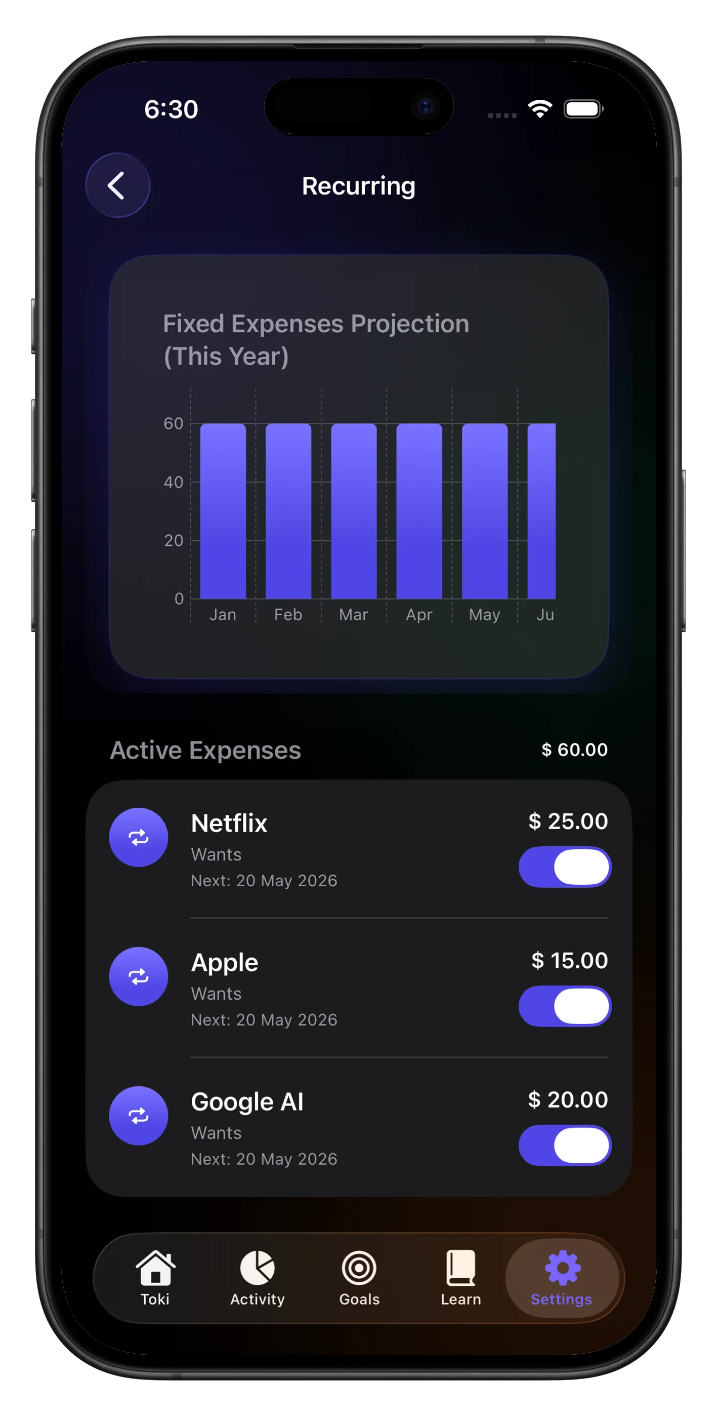 Toki subscription management and recurring expenses dashboard